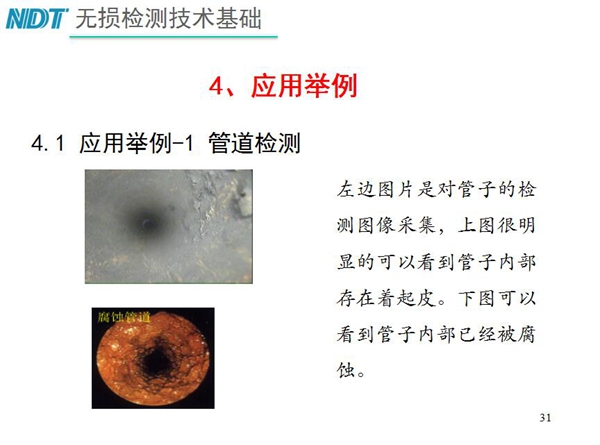 應(yīng)用舉例一1 管道檢測(cè)，從兩張檢測(cè)對(duì)比圖片可以明顯看到管子  內(nèi)部存在著起皮，另一張可以看以管子內(nèi)部己經(jīng)被腐蝕