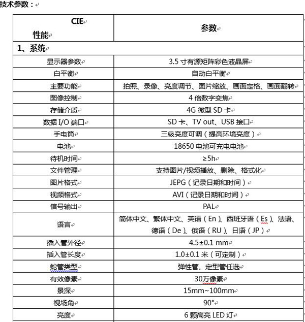 CIE便攜式汽修內(nèi)窺鏡圖像控制、數(shù)據(jù)I/O接口、插入管外徑、長(zhǎng)度等主要性能技術(shù)指標(biāo)