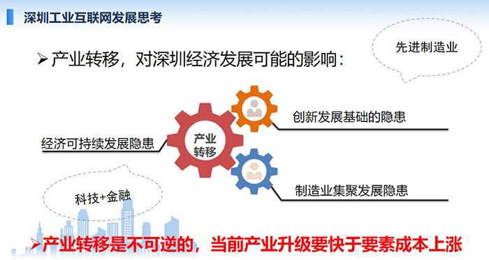 產(chǎn)業(yè)轉(zhuǎn)移，對深圳經(jīng)濟(jì)發(fā)展可能的影響：創(chuàng)新發(fā)展基礎(chǔ)的隱患、經(jīng)濟(jì)可持續(xù)發(fā)展隱患、制造業(yè)集聚發(fā)展隱患；產(chǎn)業(yè)轉(zhuǎn)移是不可逆的， 當(dāng)前產(chǎn)業(yè)升級要快于要素成本上漲